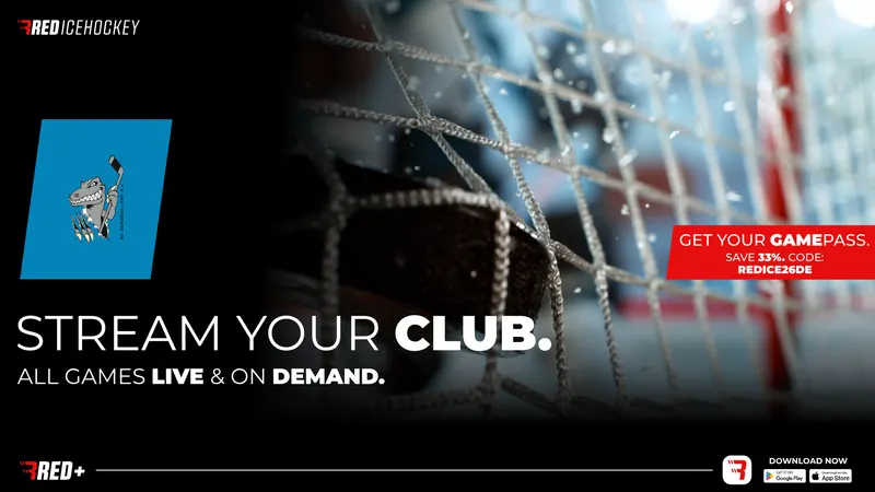 Kampagnenmotiv von RED Icehockey: Puck im Tornetz, daneben das Logo des EC Bergisch Land. Stream your club, alle Spiele live und auf Abruf.