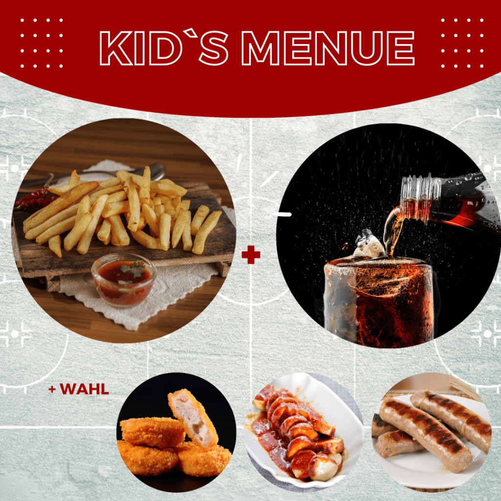 Zeigt ein Bild mit dem Kids Menue. Pommes und Softdrink, dazu wahlweise Nuggets, Currywurst oder Bratwurst.